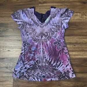 Y2K Purple Tattoo Print Boho Top Lace‎ Beading Women Small Fairy Grunge Coquette
